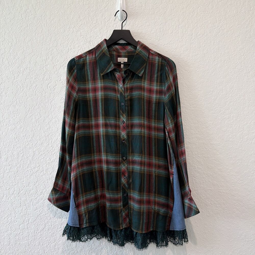 Logo Lori Goldstein Mixed Media Plaid Lace Chambray Tunic Too Women’s Size 10